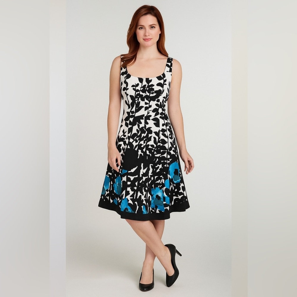 💖Nine West Black and White Sleeveless Midi Dress with Boning